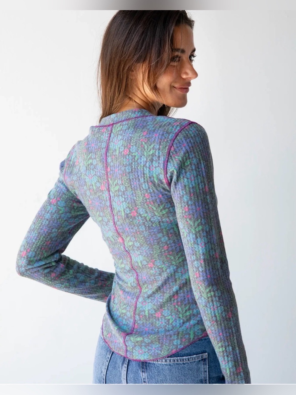 NWT Natural Life Reagan Thermal Henley in Dark Blue Garden - Sz XL - Picture 2 of 6